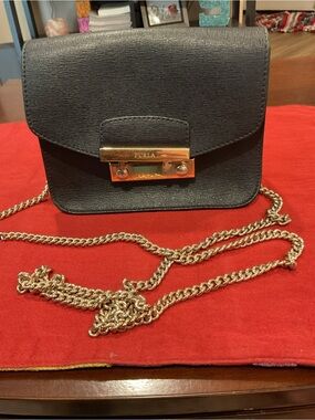 Furla Black Saffiano Crossbody with Gold Chain Strap